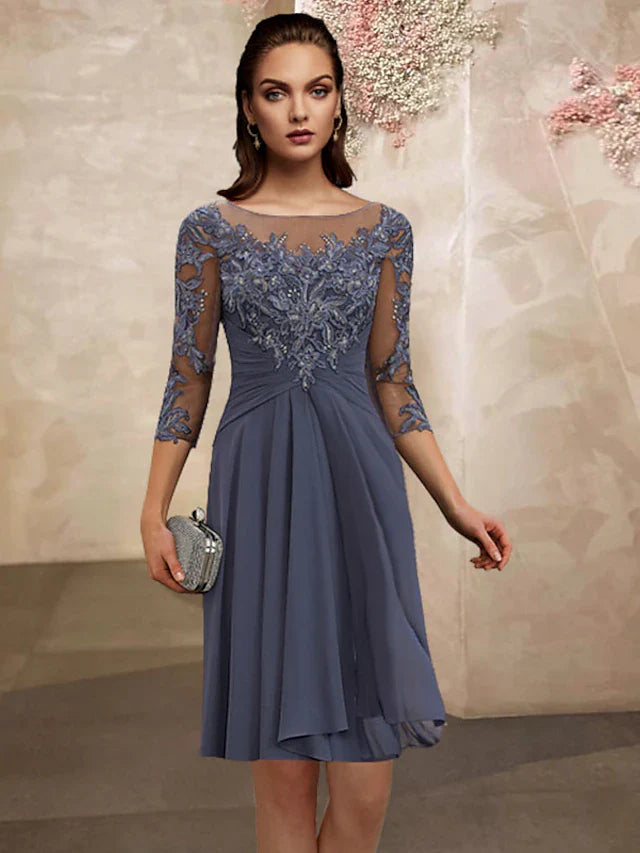 Wholesale A-Line Mother of the Bride Dress Elegant Sweet Jewel Neck Knee Length Chiffon Lace 3/4 Length Sleeve with Pleats Appliques